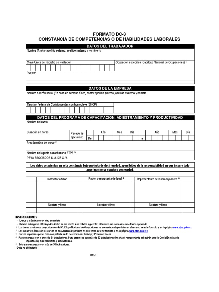 Formato Dc-3 Constancia de Competencias O de Habilidades Laborales | PDF