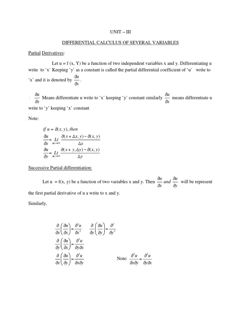 Unit III Differential Calculus of Several Variables PDF Derivative