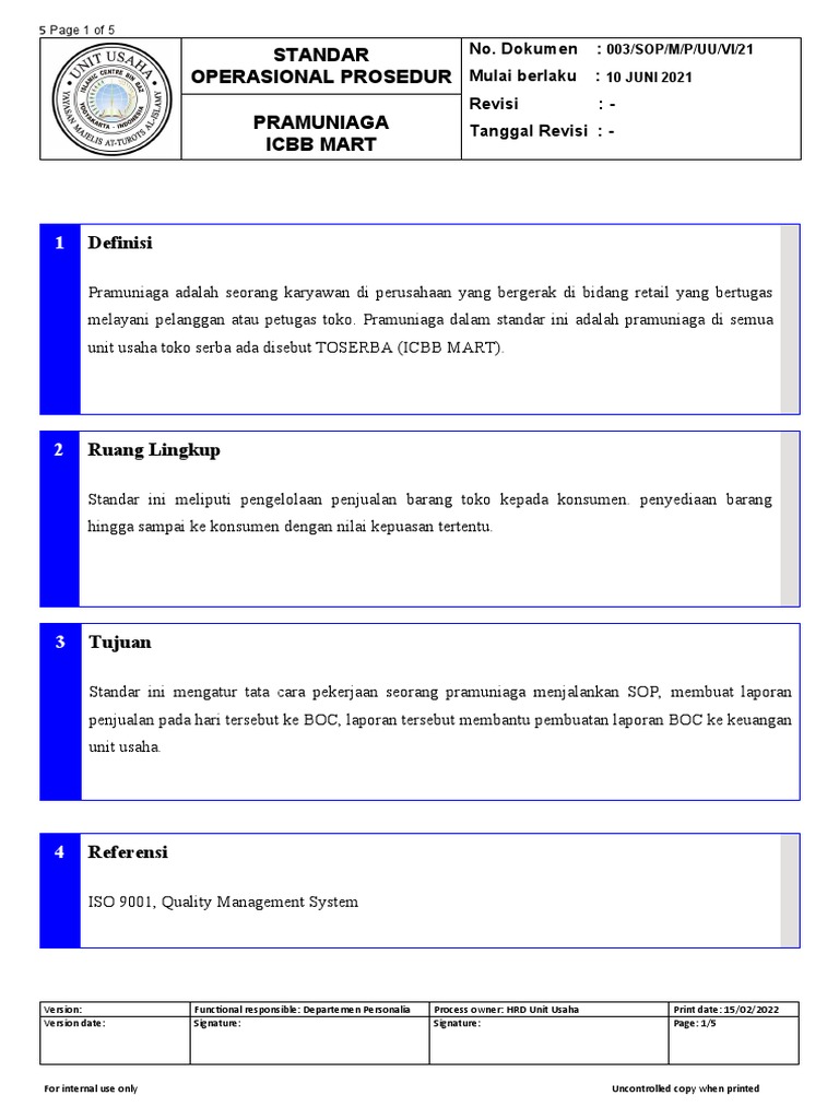 SOP Pramuniaga ICBB Mart | PDF