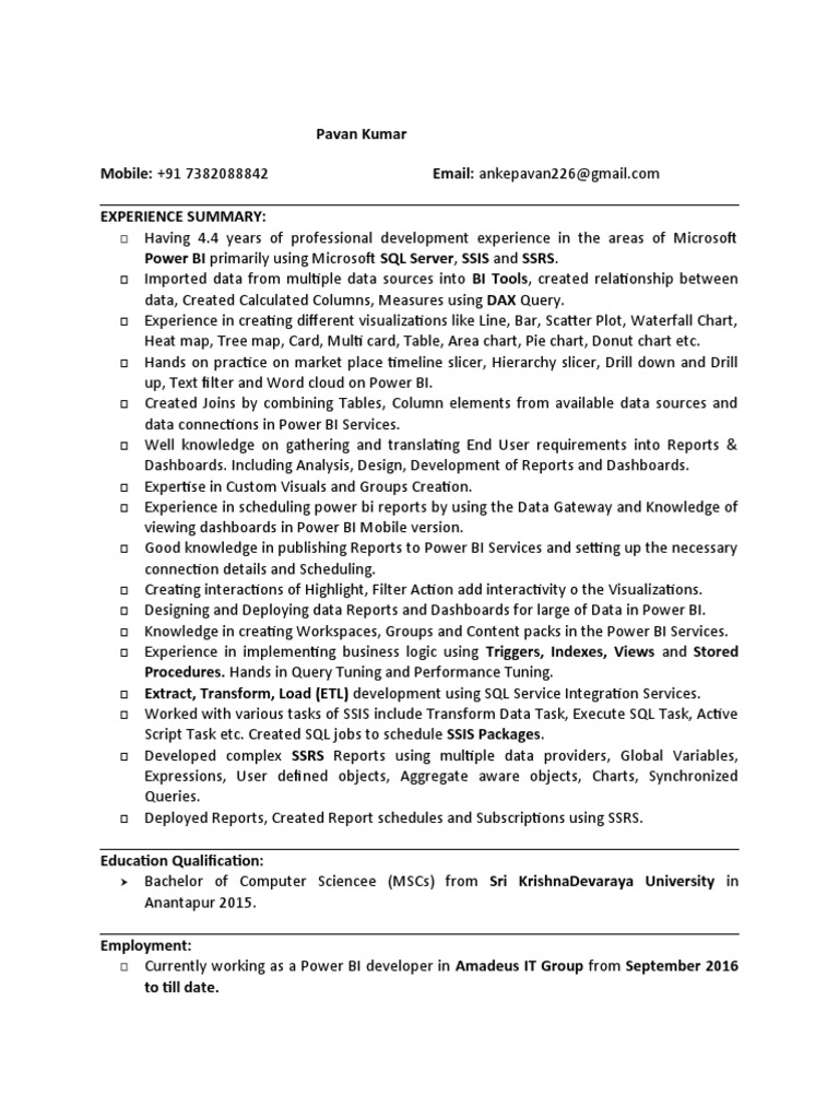 Power BI Developer Resume Summary | PDF | Microsoft Sql Server ...