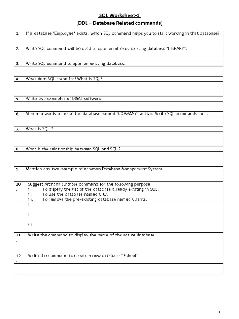 Sql Worksheet 1 Ddl Database Related Commands Pdf Databases