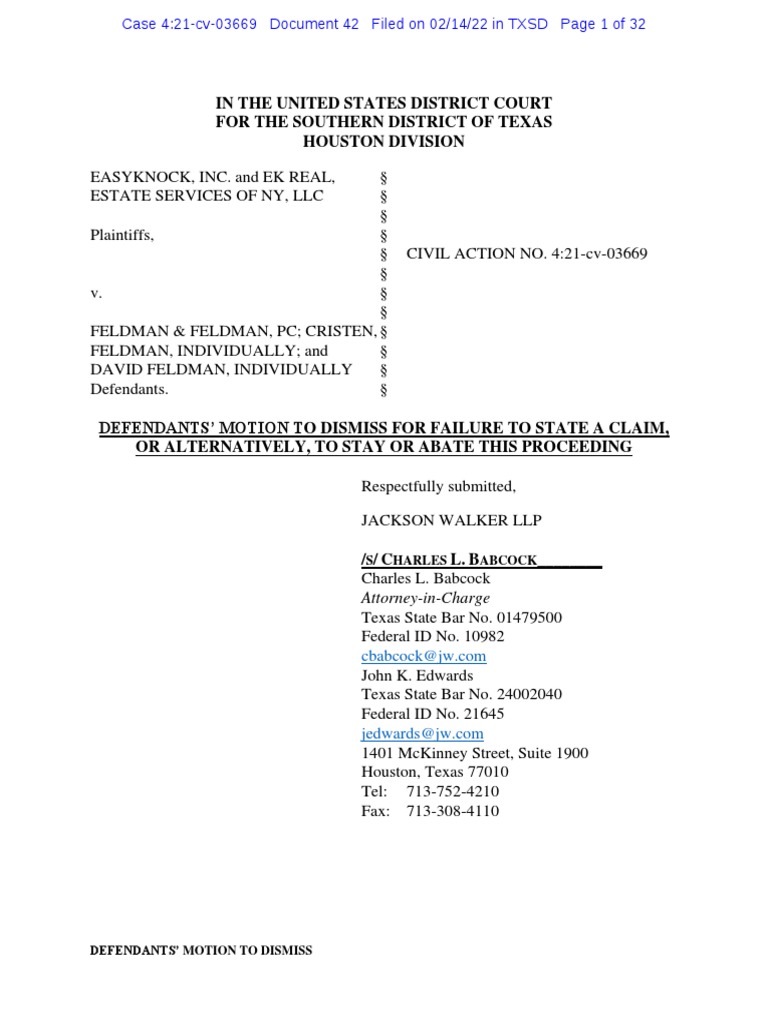 EasyKnock v. Feldman and Feldman Motion To Dismiss PDF Federal