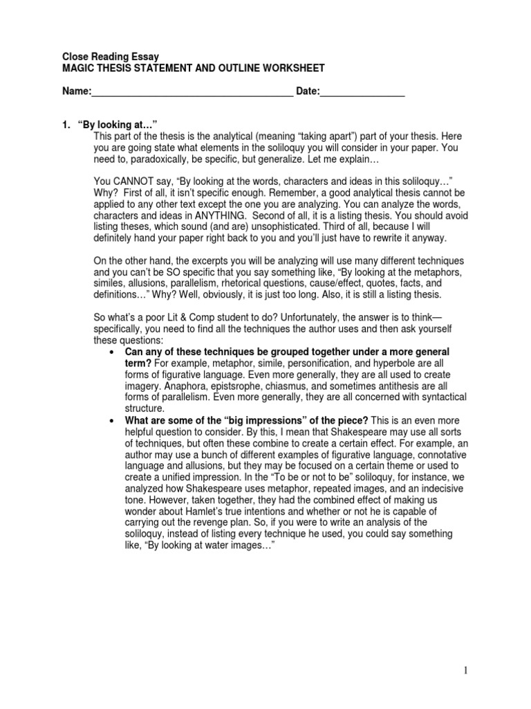 Close Reading Essay Magic Thesis Statement and Outline Worksheet Name ...