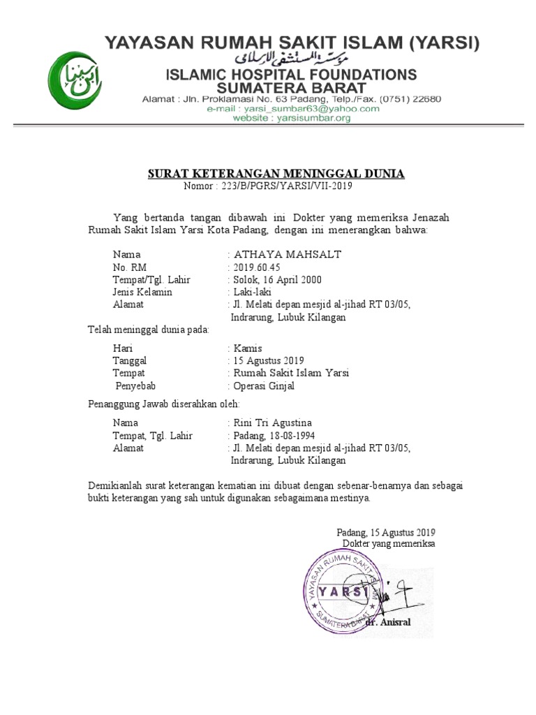 Contoh Surat Keterangan Kematian Resmi | PDF | Kesehatan Holistik