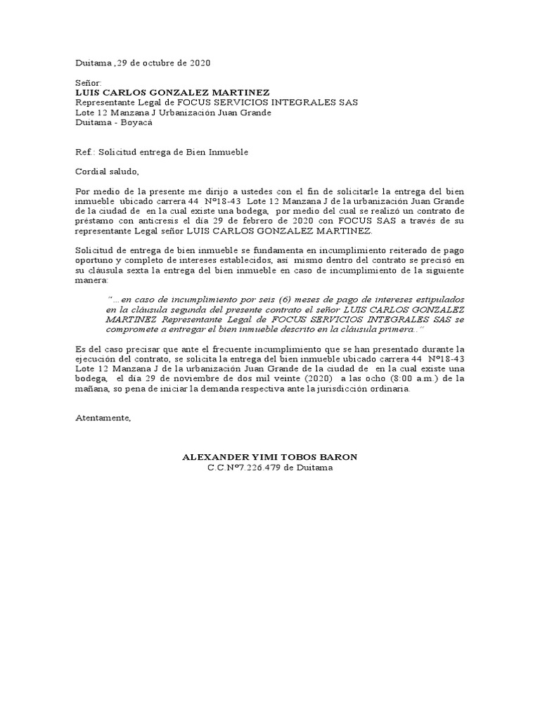 Carta Entrega de Bien Inmueble | PDF