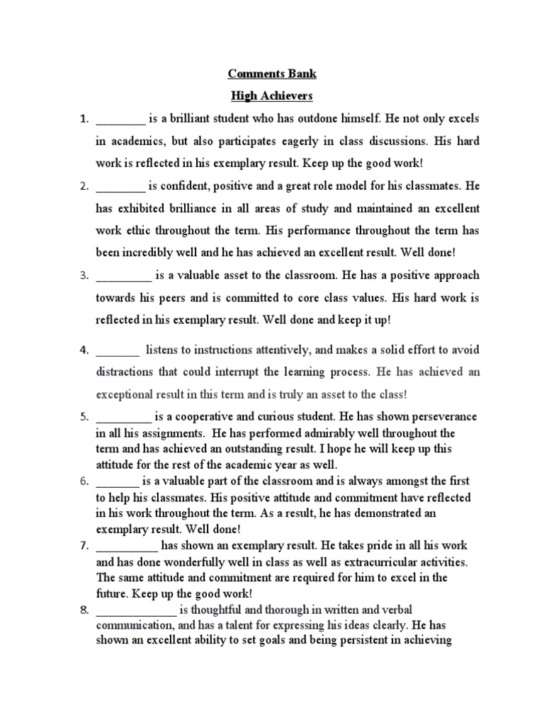 Comments Bank 2021-2022 | PDF | Teachers | Learning