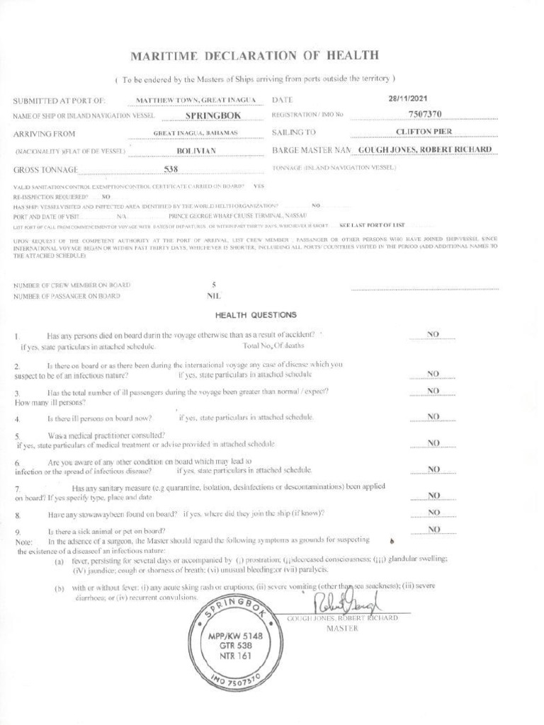 Maritime Declaration of Health Tug Springbokpdf PDF