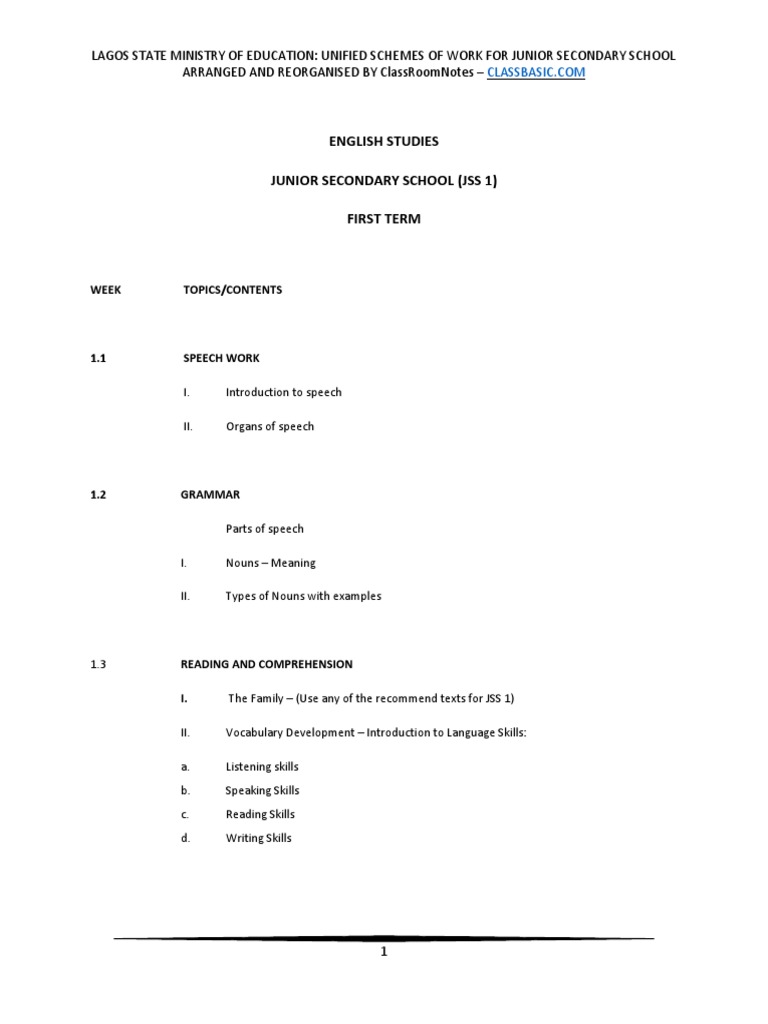 JSS1 English Scheme of Work - Term 1 | PDF | English Language | Essays