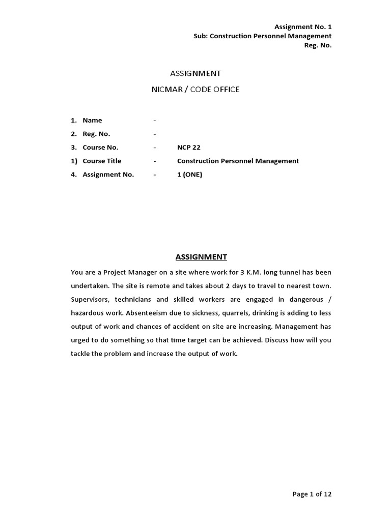 Assignment No 1 Construction Personnel | PDF | Leadership | Motivational