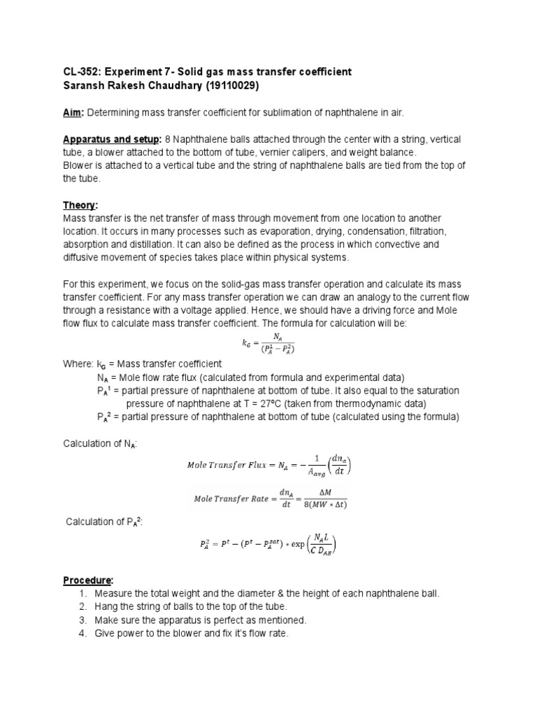 CL-352: Experiment 7-Solid Gas Mass Transfer Coefficient Saransh Rakesh ...