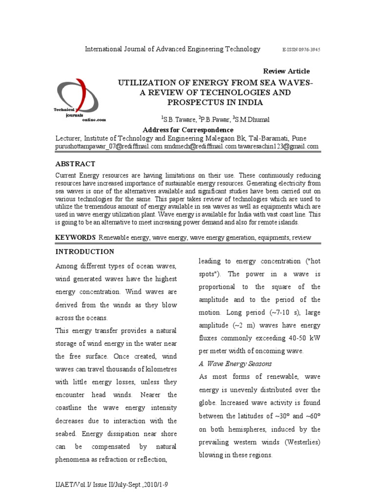 Wave Energy Technologies in India | PDF | Wind Power | Physics