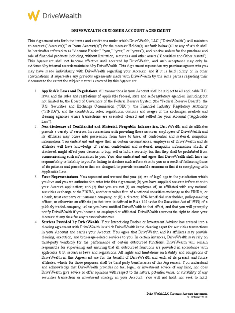 DriveWealth Customer Account Agreement | PDF | Securities (Finance ...