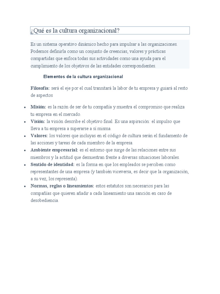 Elementos y beneficios de la cultura organizacional | PDF | Cultura ...
