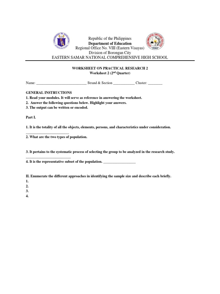 Worksheet For Practical Research II Quarter 2 | PDF | Sampling ...