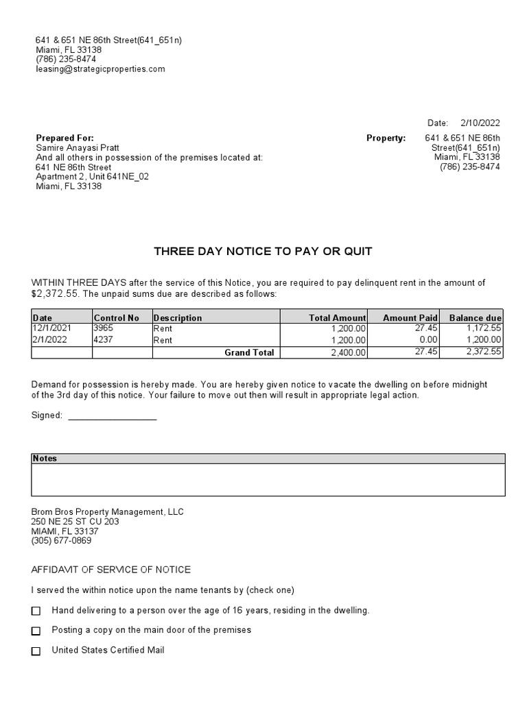 Three-Day Rent Notice for Miami Tenants | PDF