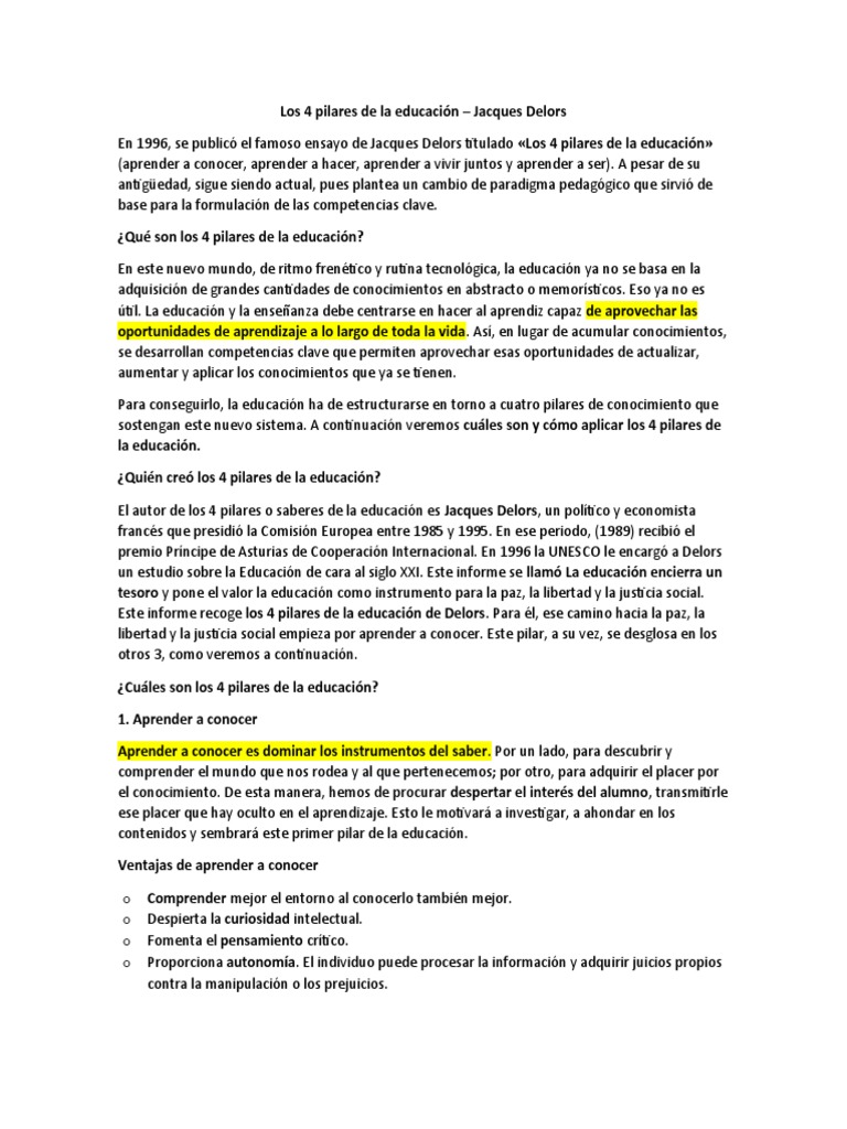 Los 4 pilares de la educación según Delors | PDF | Aprendizaje | Memoria
