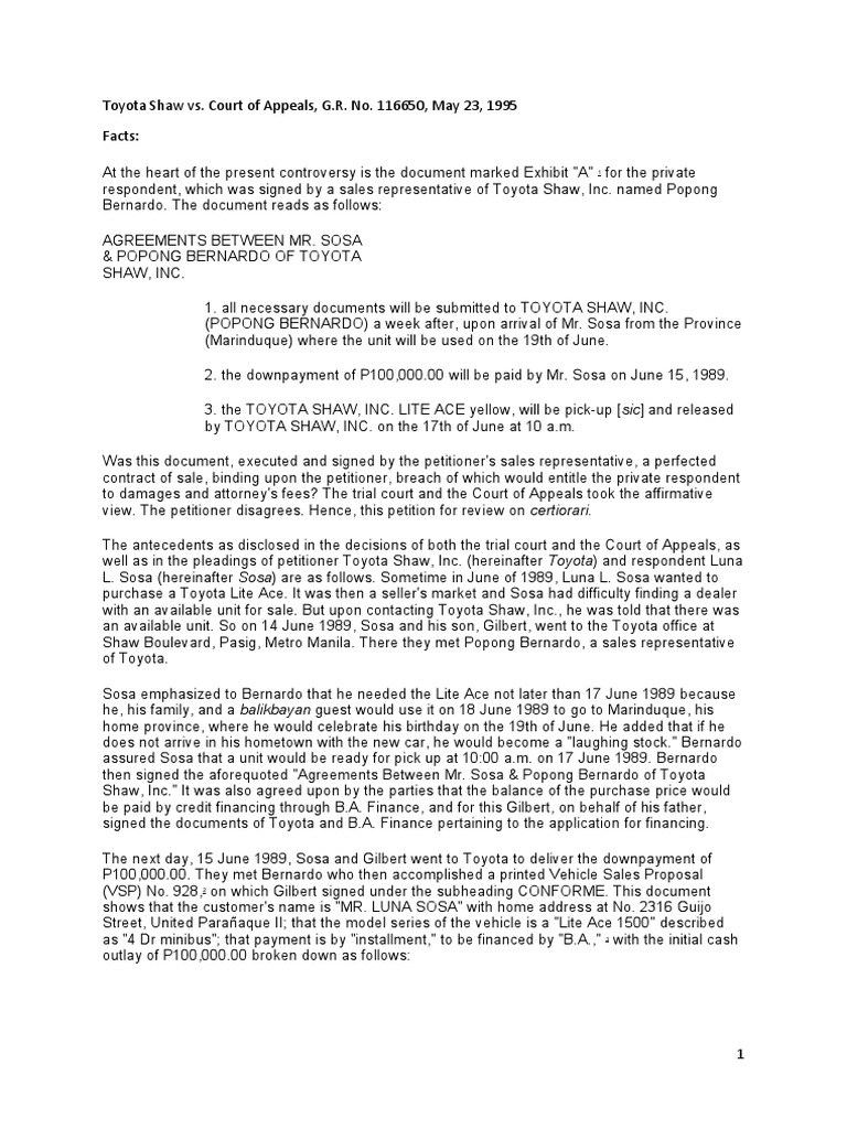 Toyota Shaw Contract Dispute Overview | PDF | Deed | Lawsuit