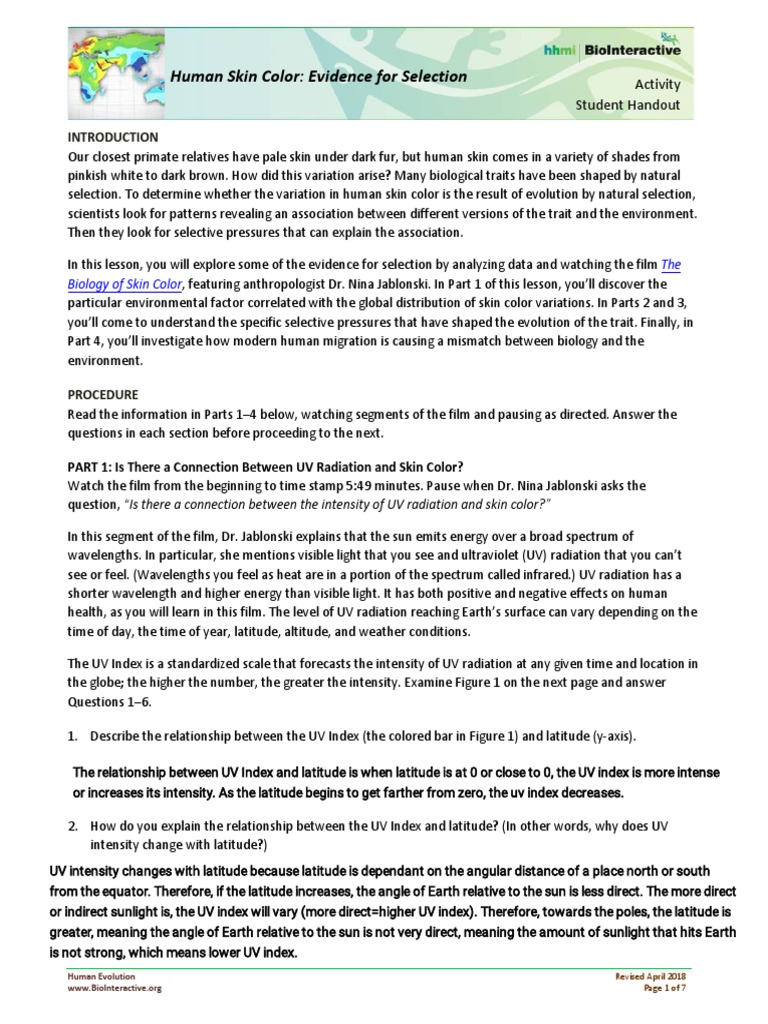 Human Skin Color - Evidence For Selection Activity Student Handout | PDF | Human  Skin Color | Ultraviolet