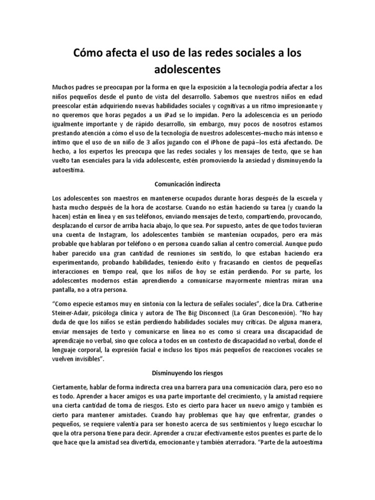 Cómo Afecta El Uso de Las Redes Sociales A Los Adolescentes | PDF ...