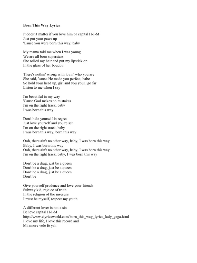 Lady Gaga Born This Way Full Lyrics