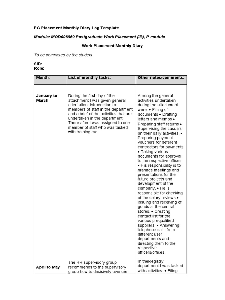 PG Placement Monthly Diary Template | PDF | Employment | Occupational ...