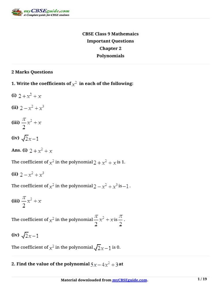 Class 9 Polynomials: Important Questions | PDF | Polynomial | Discrete ...