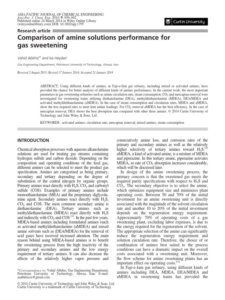 Comparison of Amine Solutions Performance For Gas Sweetening | PDF ...