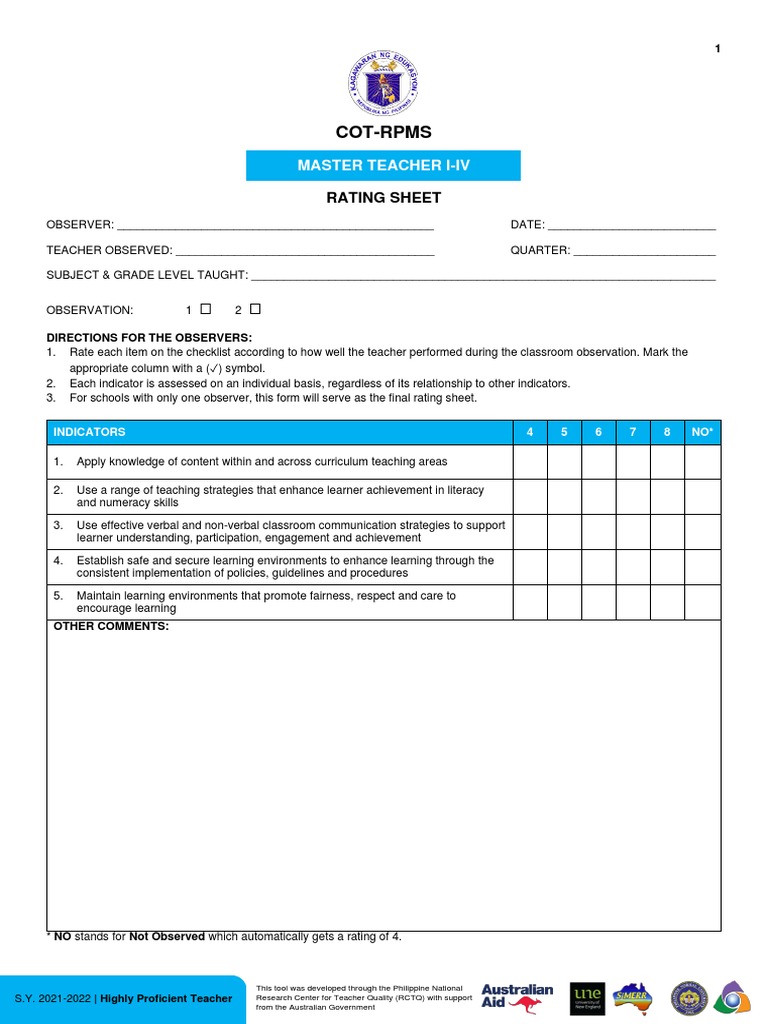 (Appendix 3D) COT-RPMS Rating Sheet For MT I-IV For SY 2021-2022 in The ...