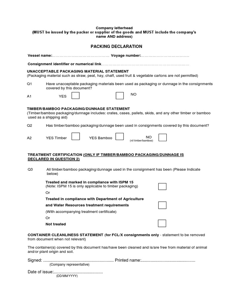 AUSTRALIA Packing Decleration Format | PDF