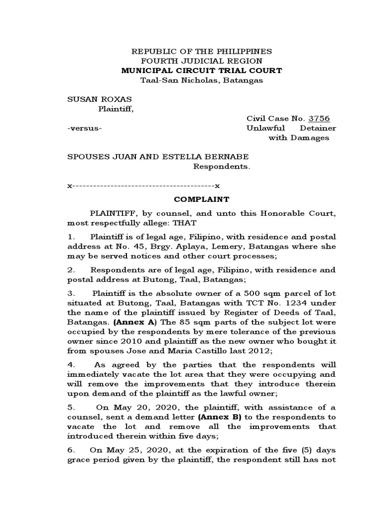 Complaint For Unlawful Detainer | PDF | Lawsuit | Separation Of Powers