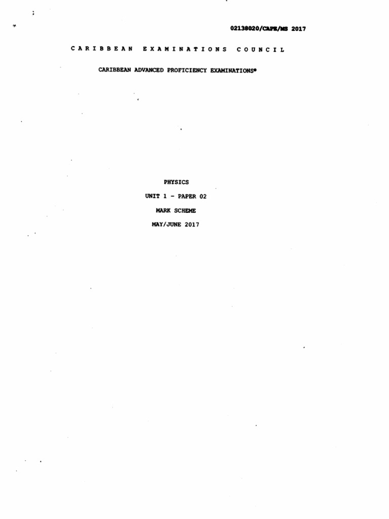 CAPE Physics Unit 1 Paper 2 Mark Scheme | PDF | Electromagnetic ...