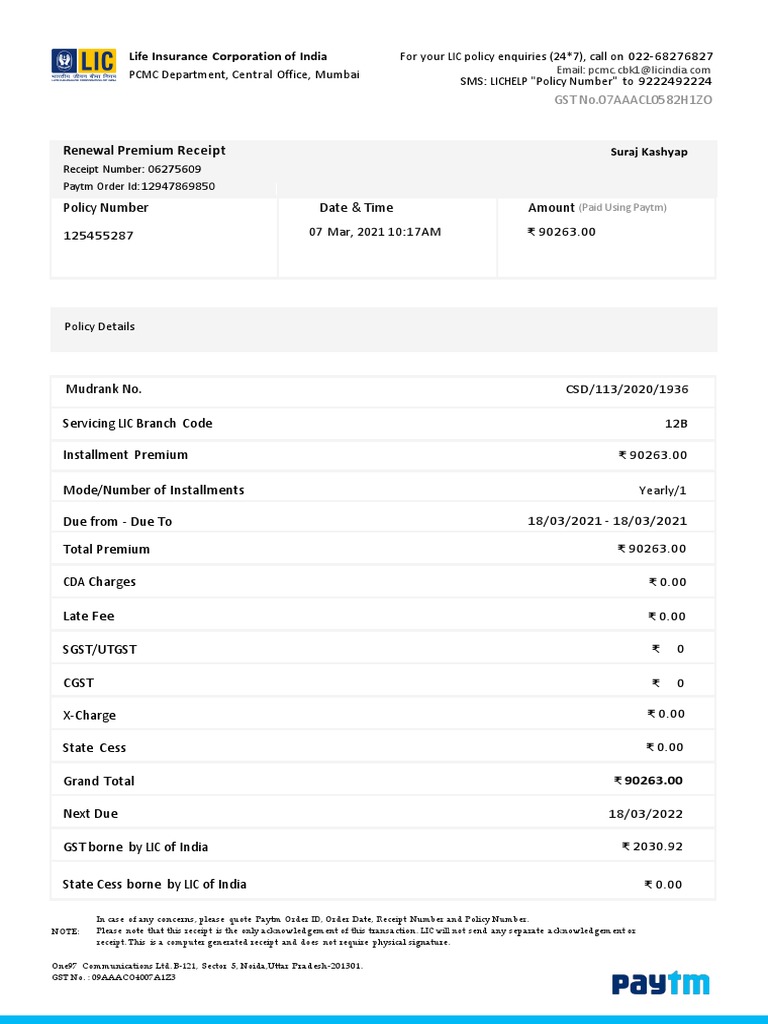 Renewal Premium Receipt Meaning In Marathi