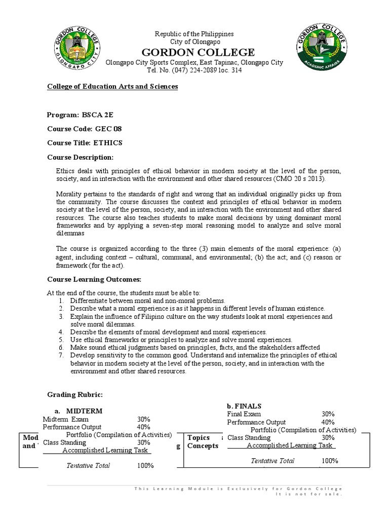 Ethics Course Overview and Learning Goals | PDF | Morality | Applied Ethics
