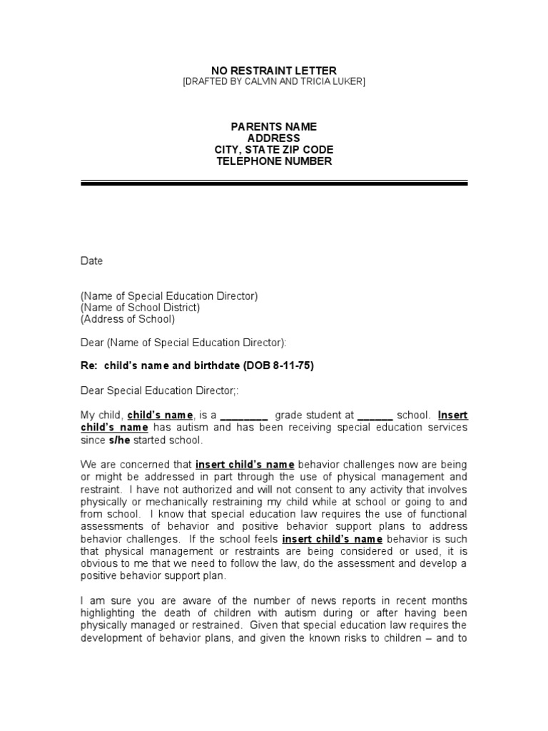 No Restraint Letter PDF Special Education Applied Psychology
