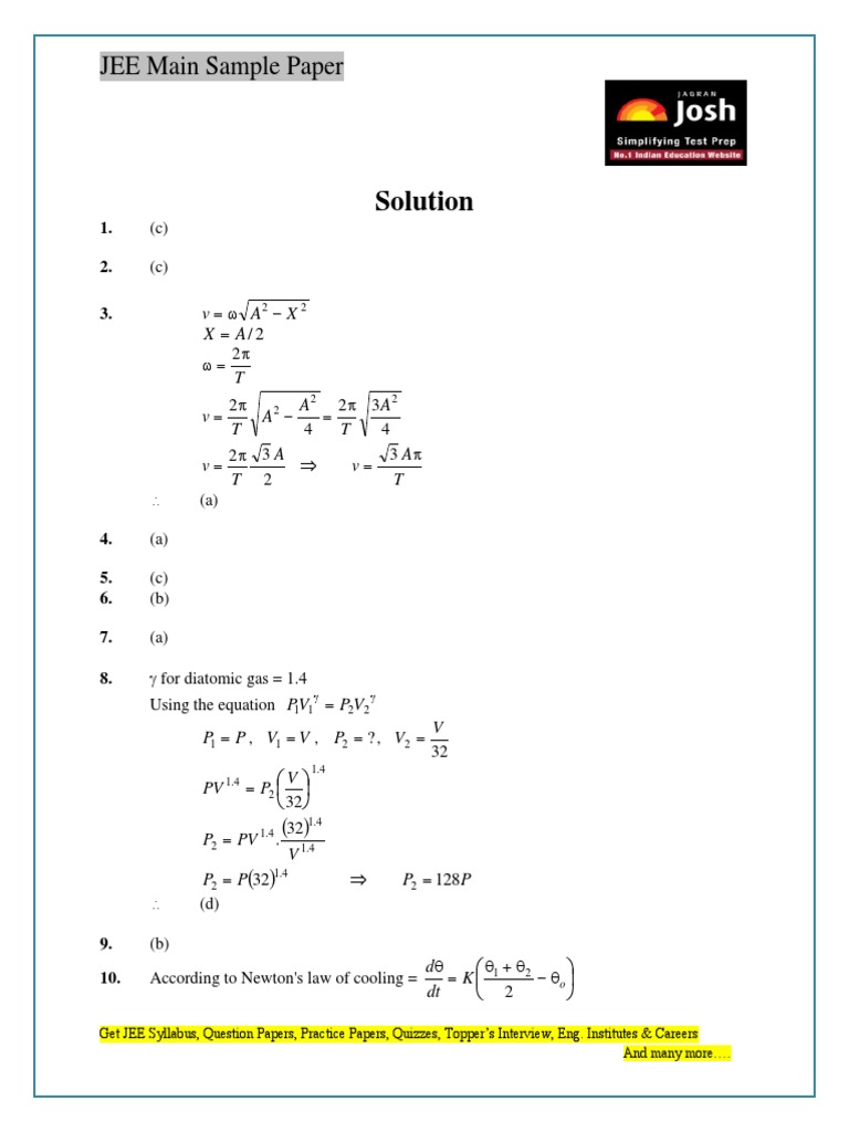JEE Main Sample Paper Solutions | PDF | Physical Phenomena | Classical ...