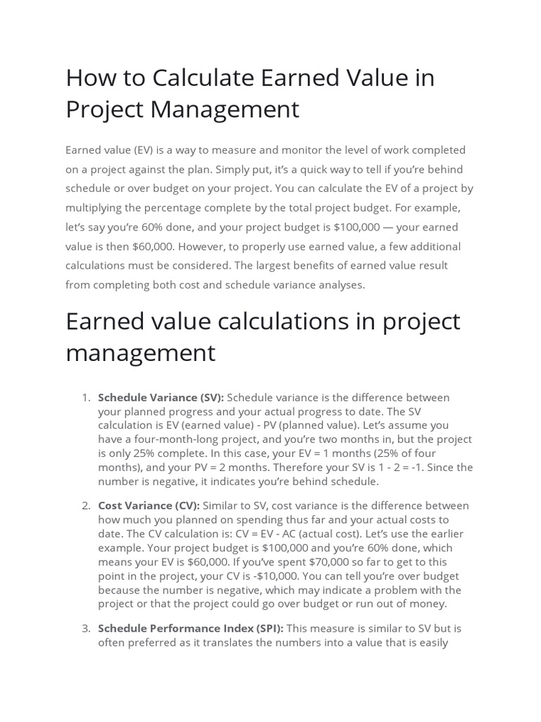 Earned Value Calculation in Projects | PDF | Finance & Money Management