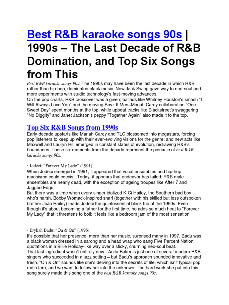 Best R&B Karaoke Songs 90s | PDF | Contemporary R&B | Performing Arts