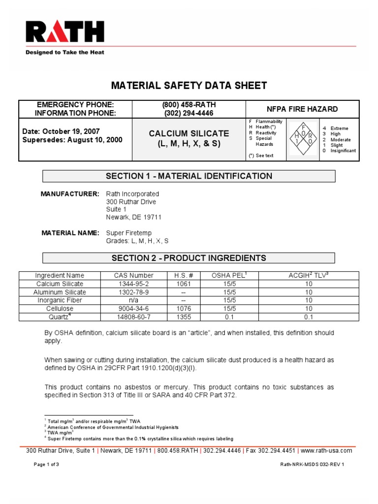 Calcium Silicate Msds Hypothermia