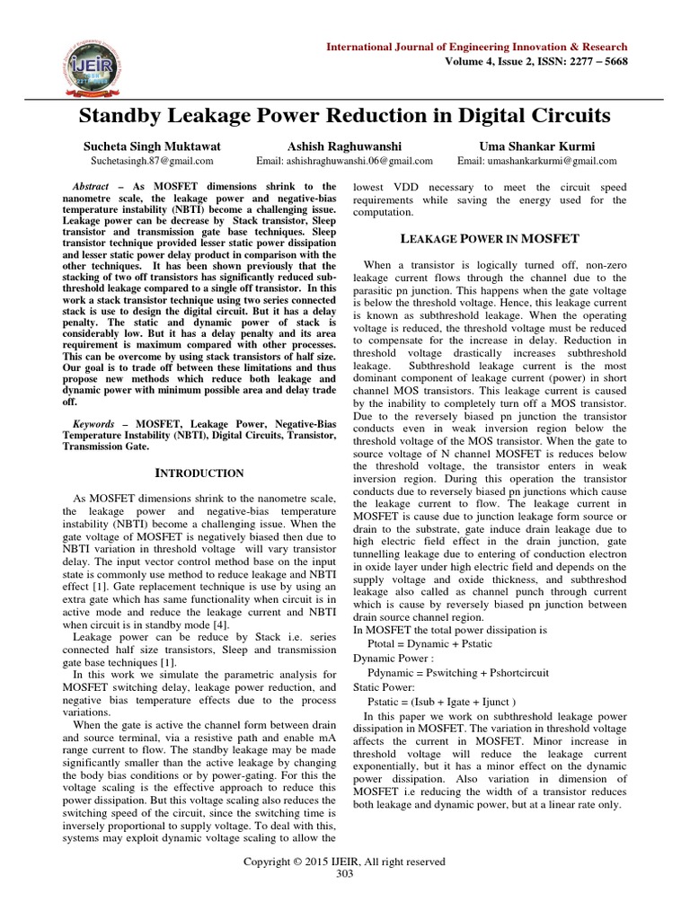 Standby Leakage Power Reduction in Digital Circuits | PDF | Mosfet ...
