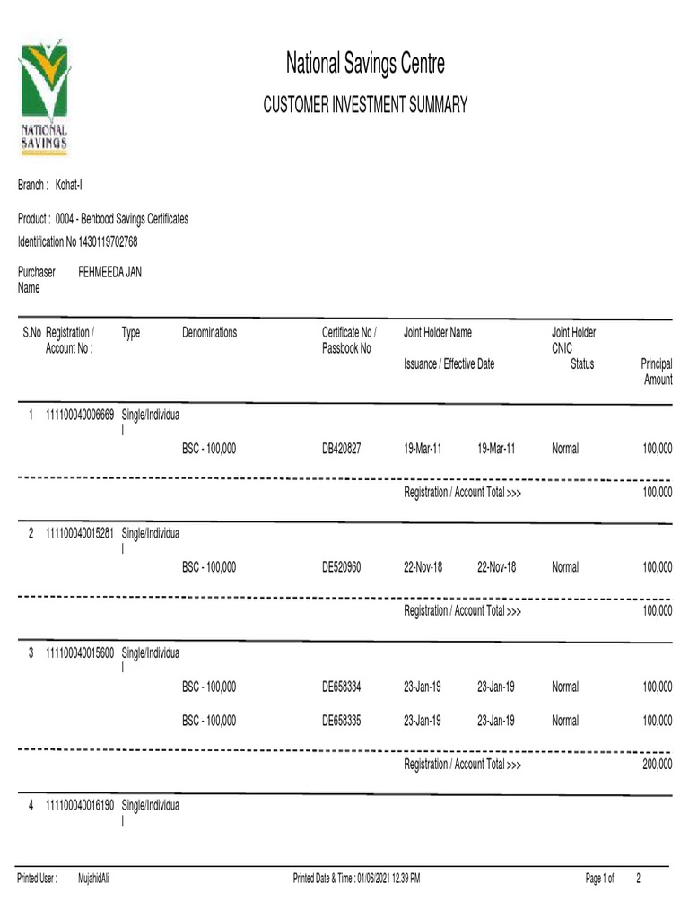 National Savings Centre Customer Investment Summary PDF
