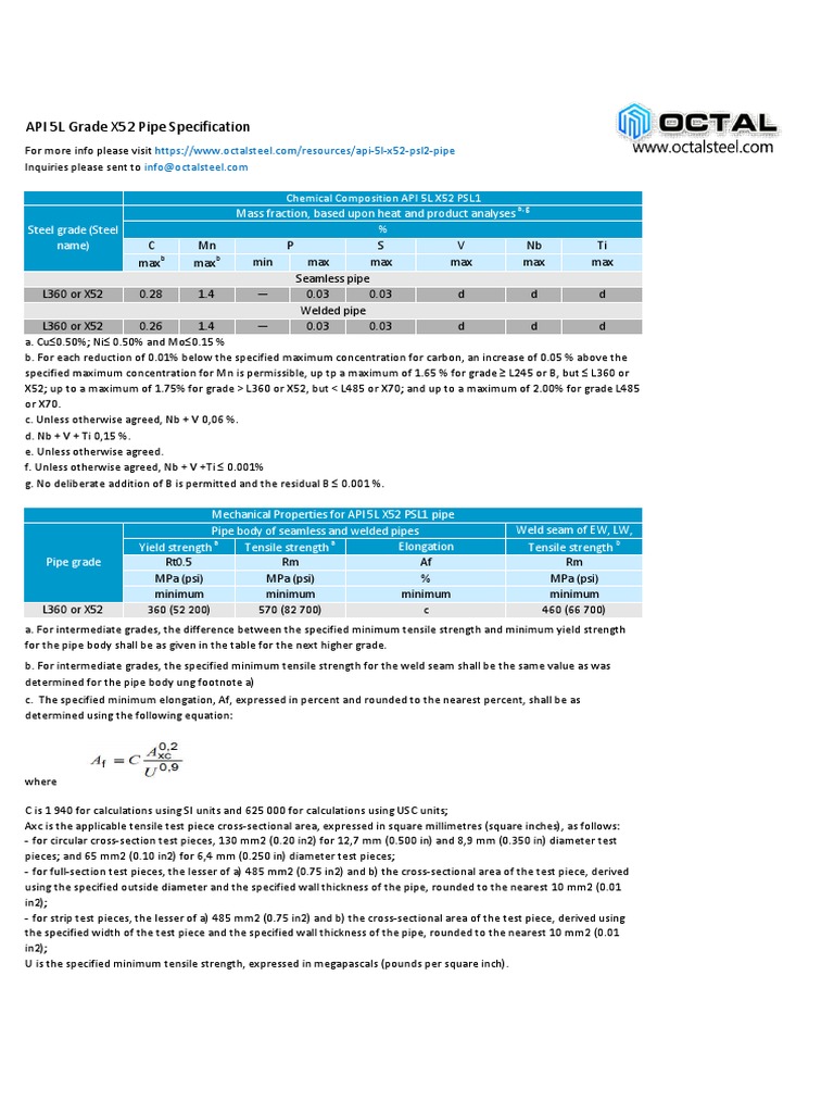 API 5L Grade X52 Pipe Specification | PDF | Pipe (Fluid Conveyance ...