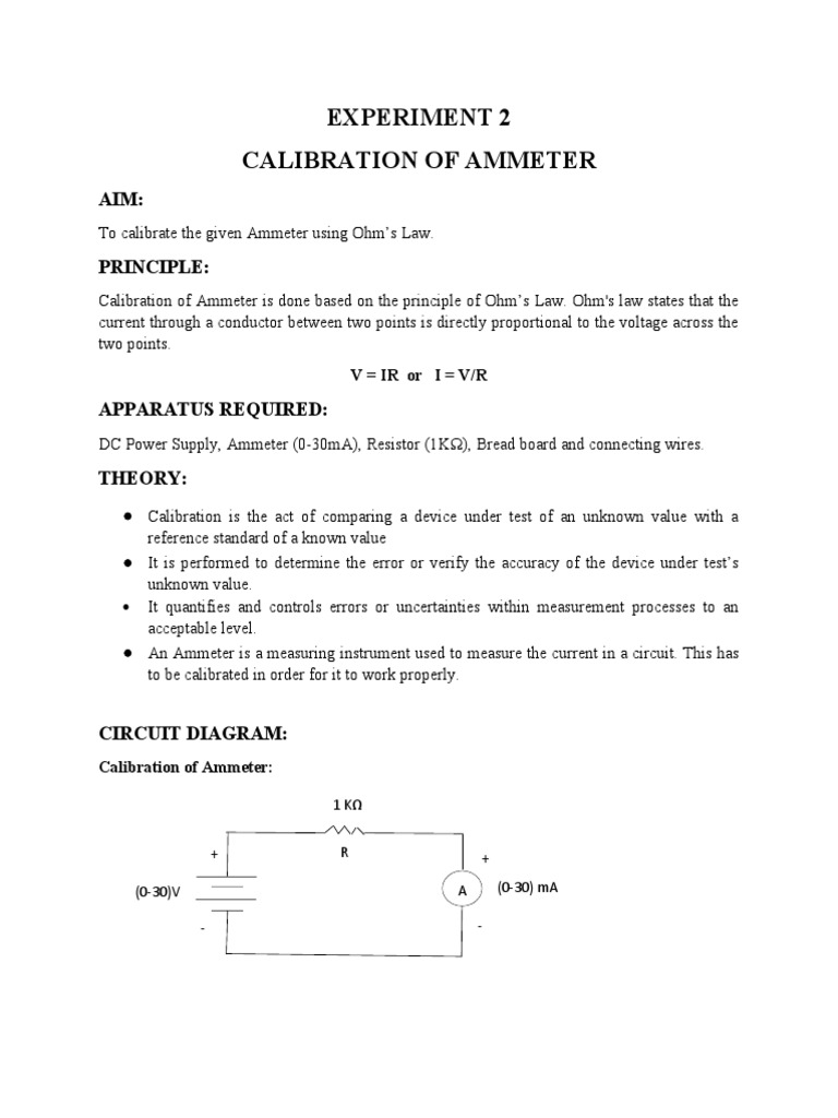 Experiment 2 Calibration of Ammeter Aim Principle PDF Resistor