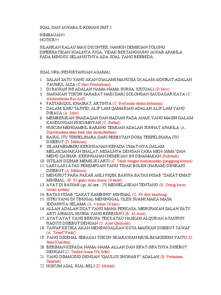 Kunci Jawaban E-Rohani Semester 2 | PDF | Ilmu Sosial | Agama ...