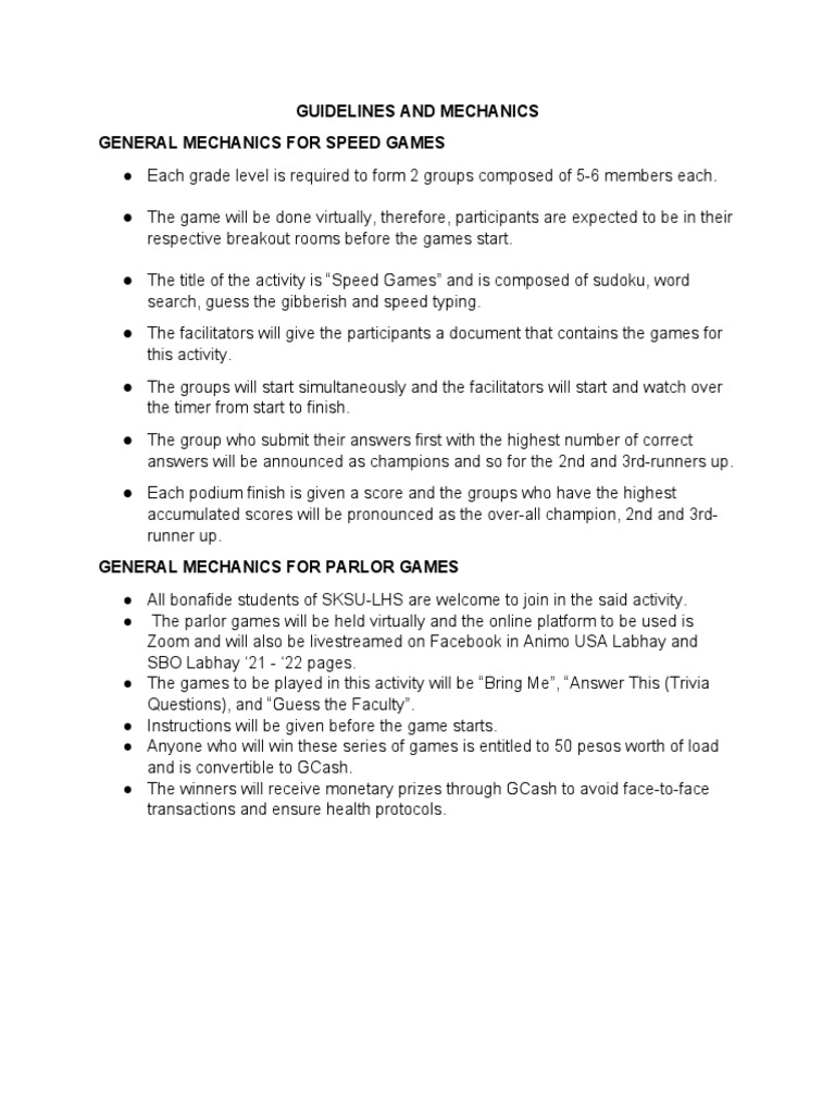 Virtual Speed and Parlor Game Guidelines | PDF