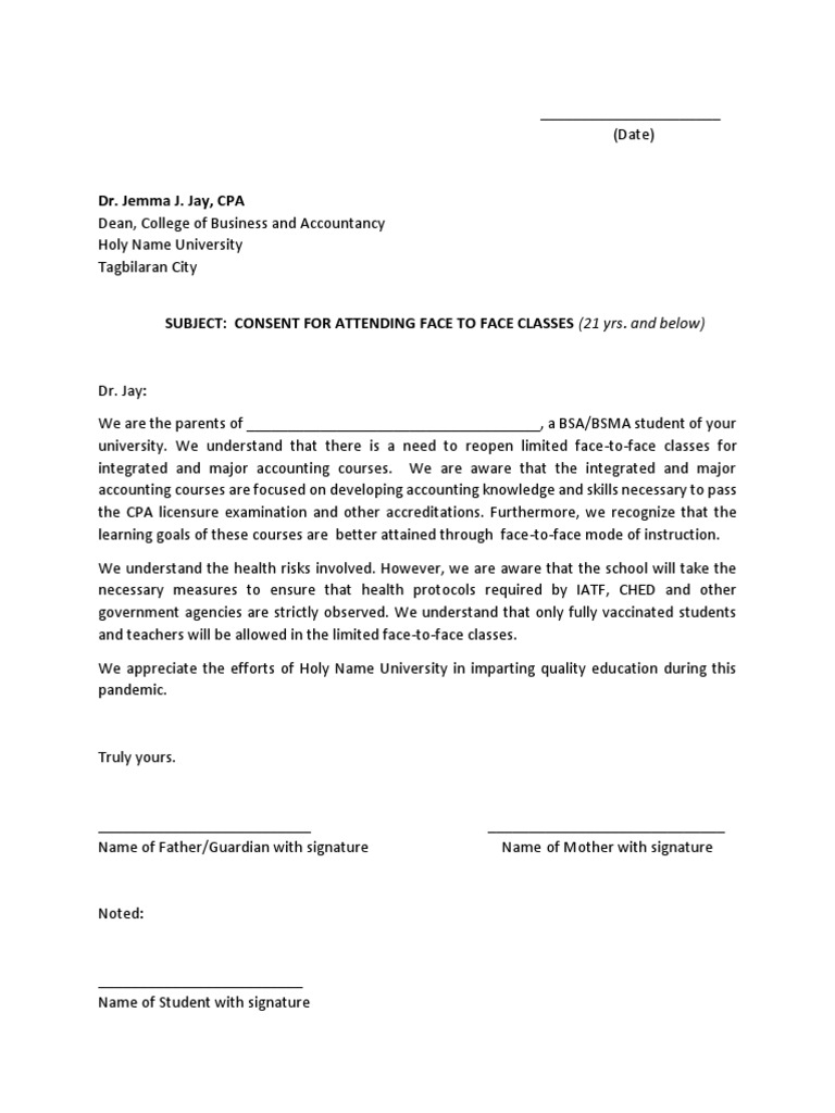 Face To Face Consent Letter | PDF | Teachers | Learning