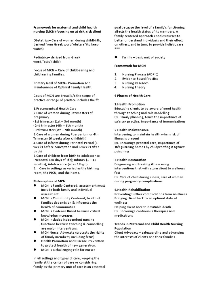 Maternal and Child Health Nursing Framework | PDF | Childbirth | Pregnancy