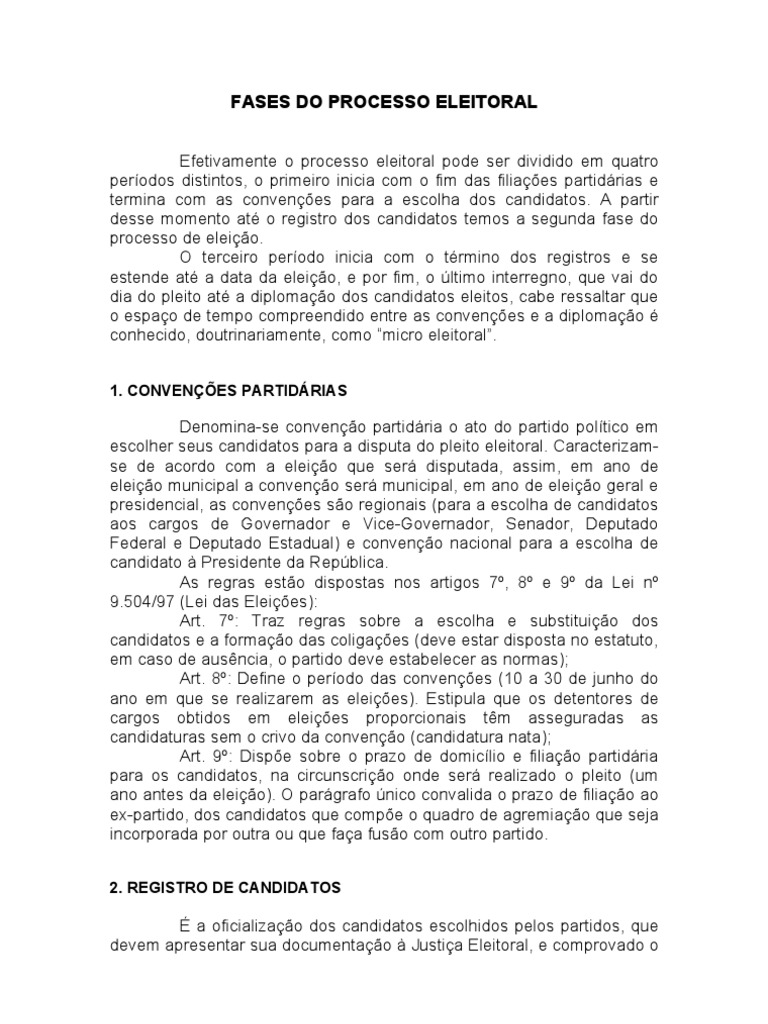 Fases do Processo Eleitoral Brasileiro | PDF | Eleições | Estatuto