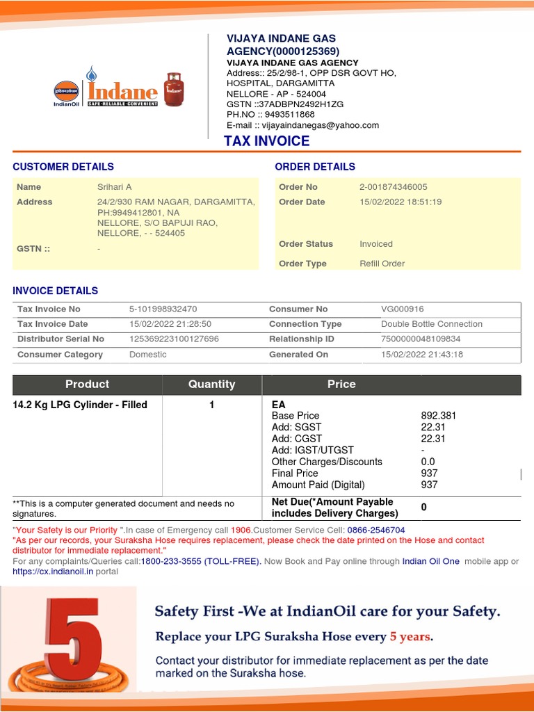 Tax Invoice Vijaya Indane Gas AGENCY (0000125369) PDF Liquefied