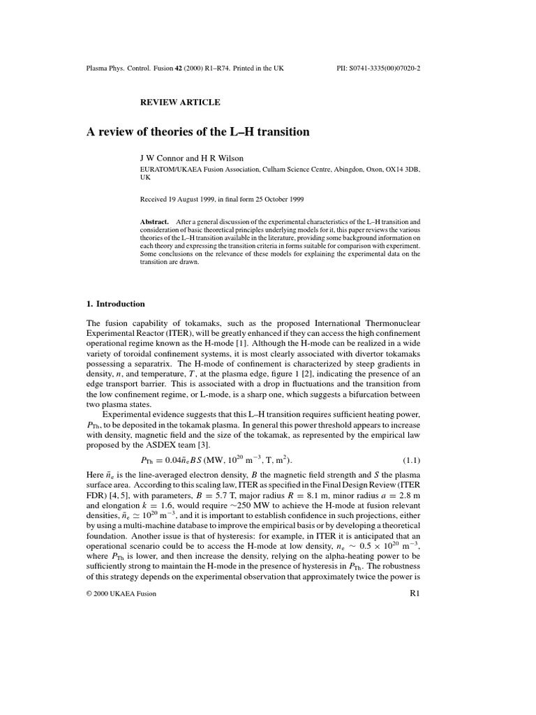 A Review of Theories of The L-H Transition | PDF | Turbulence | Physics