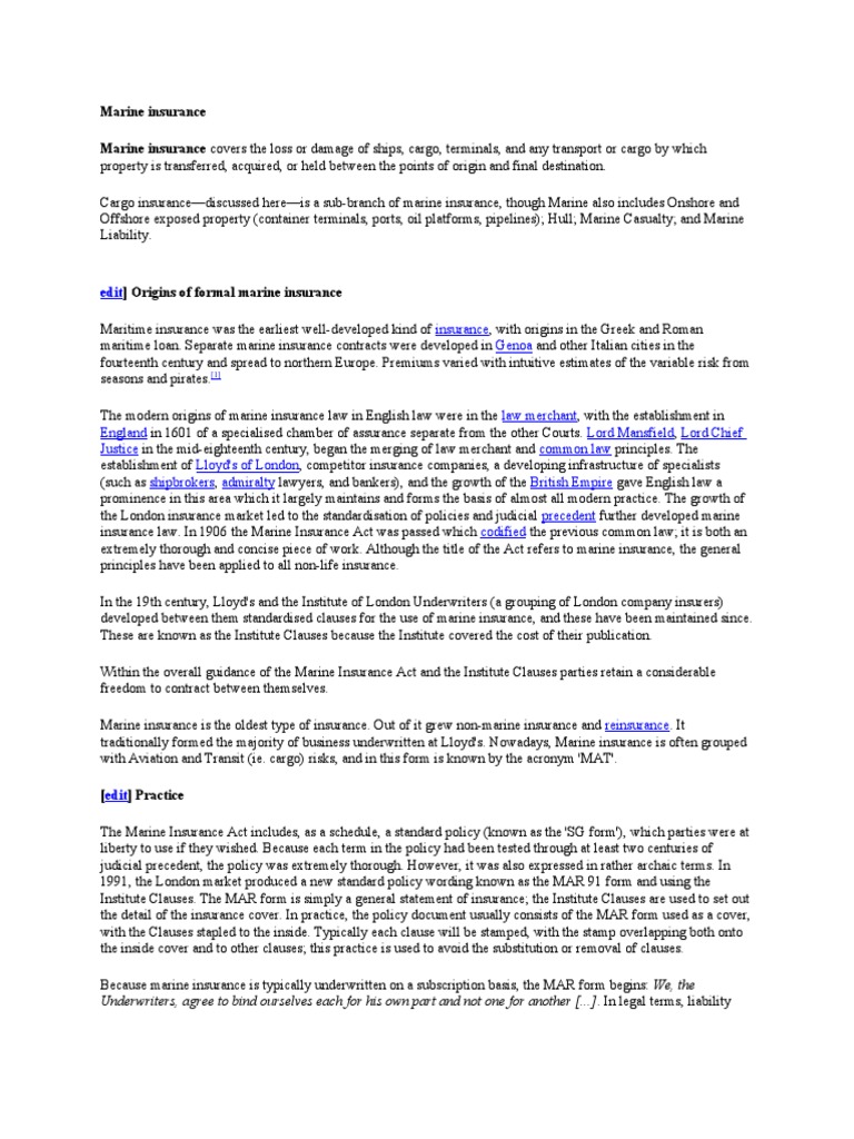 Marine Insurance Marine Insurance Covers The Loss or Damage of Ships